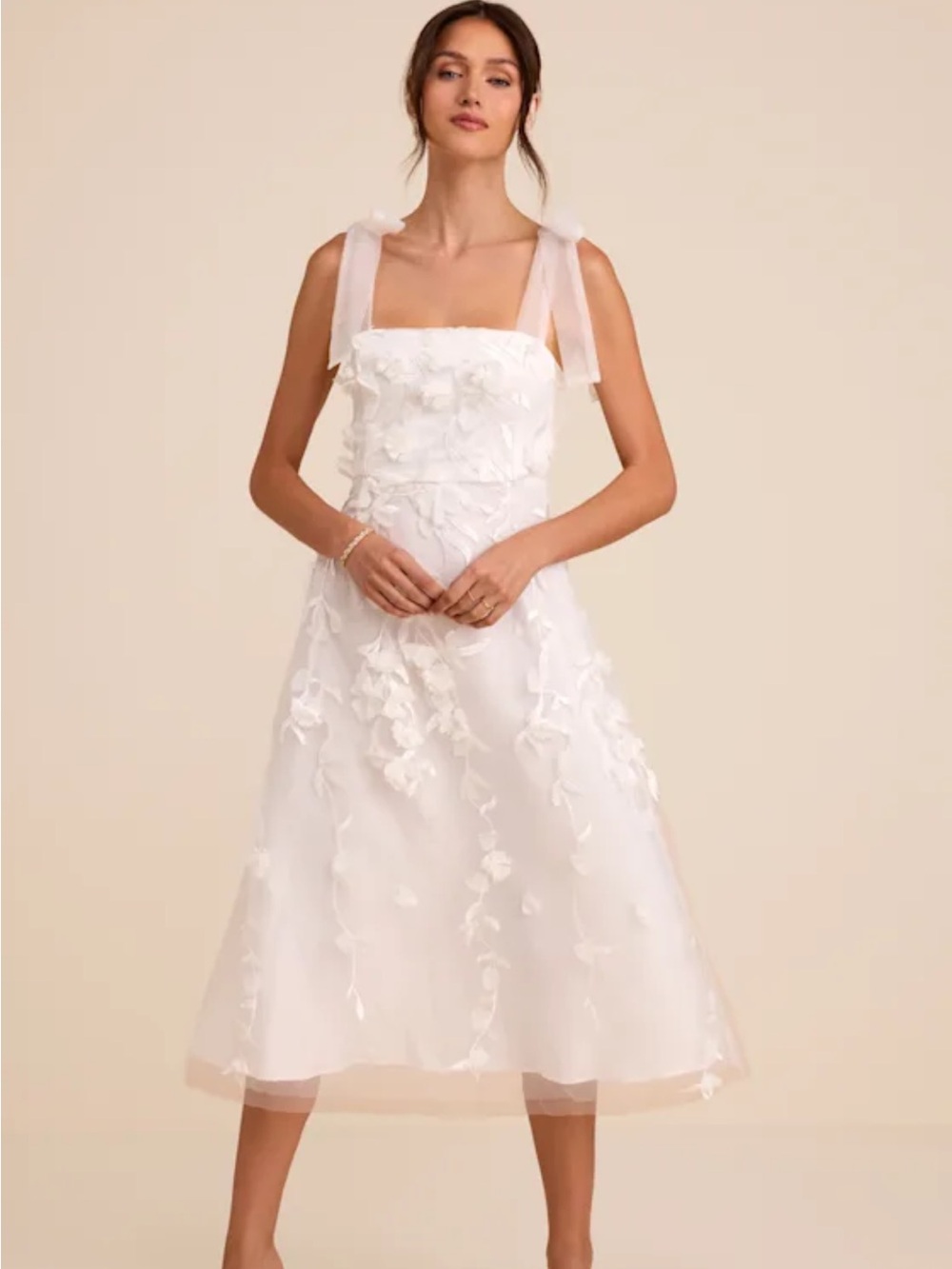 Lulu's Ivory Midi Dress with 3D Floral Appliqués and Tie Straps